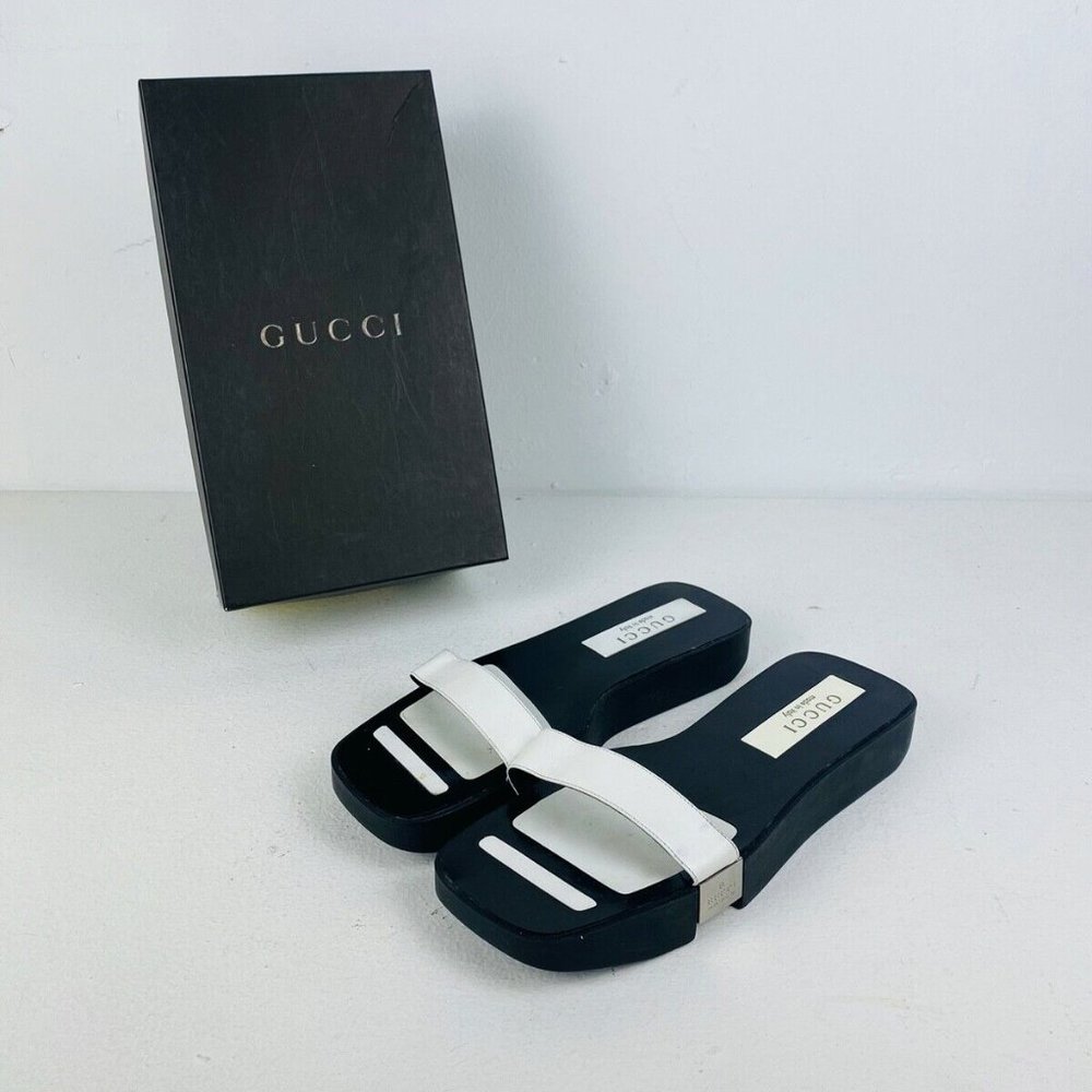 Gucci Tom Ford Black and White Leather Silver Hardware Flatform Sandals UK 5 - Picture 1 of 8